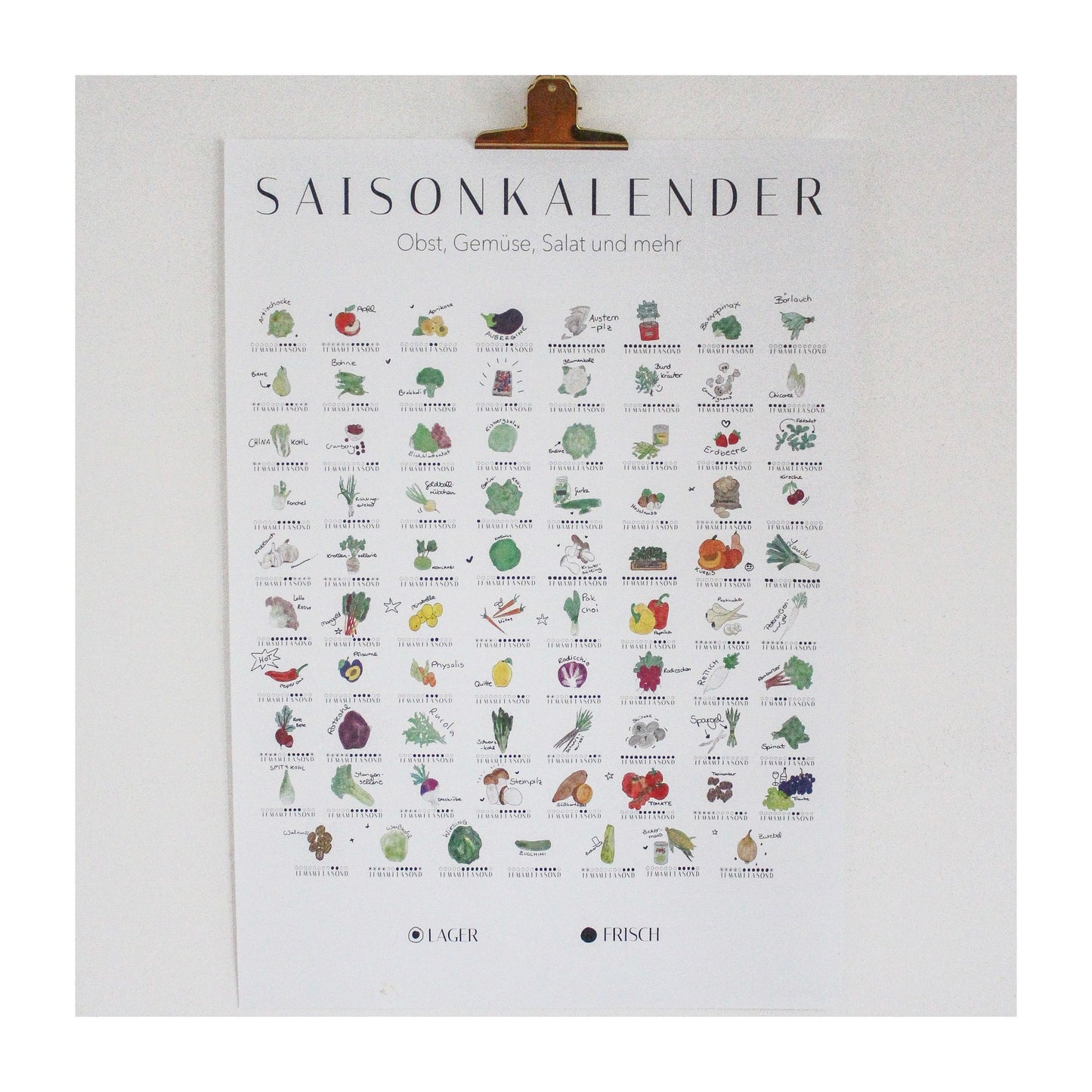 Das große Plakat „Foody“, Ewiger Saisonkalender + Goldene Klammer in DinA1