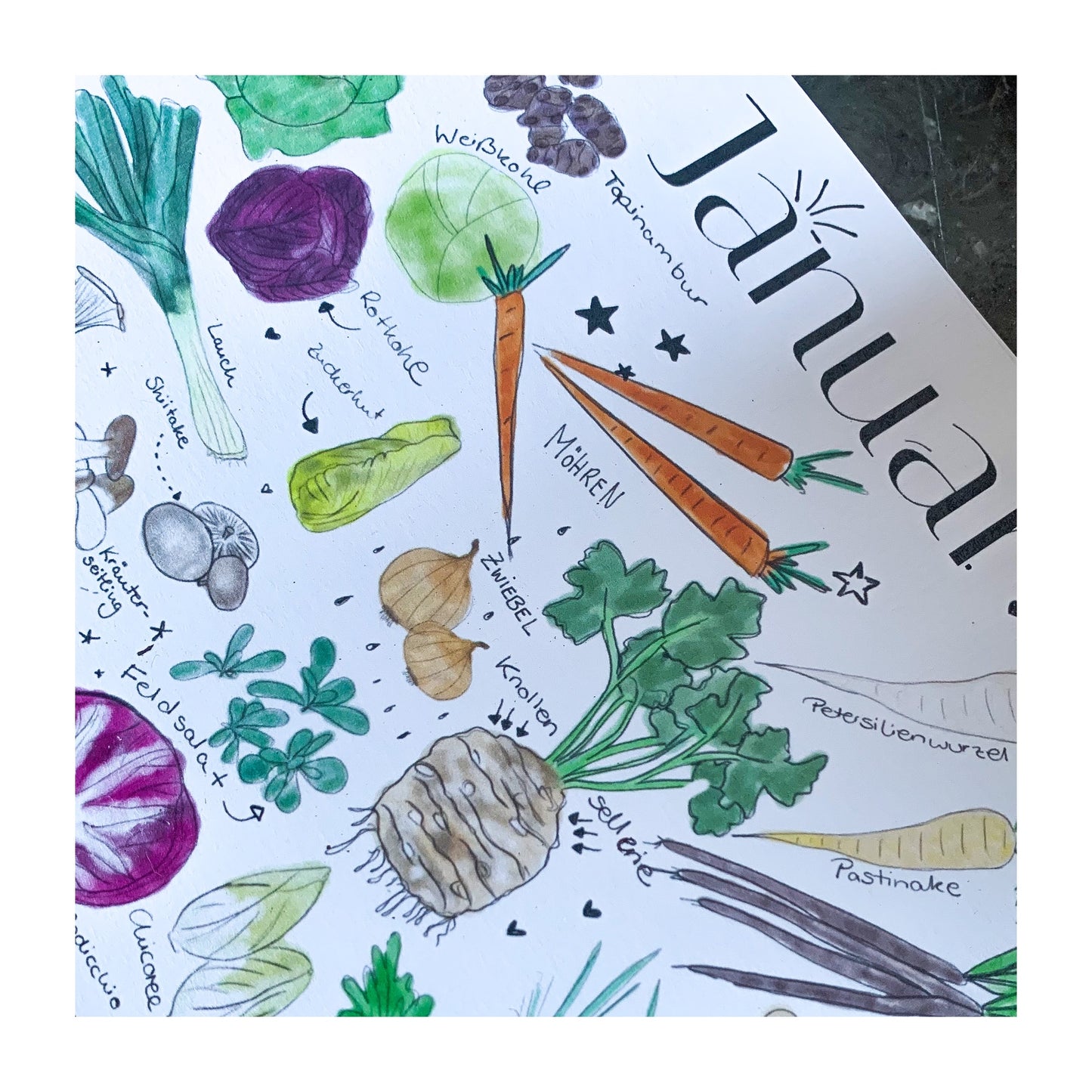 Der Kleine "Foody", Ewiger Saisonkalender, Heimisches Obst und Gemüse, Handgezeichnet, Postkarten-Größe, Aquarell, Artprint, Geschenk